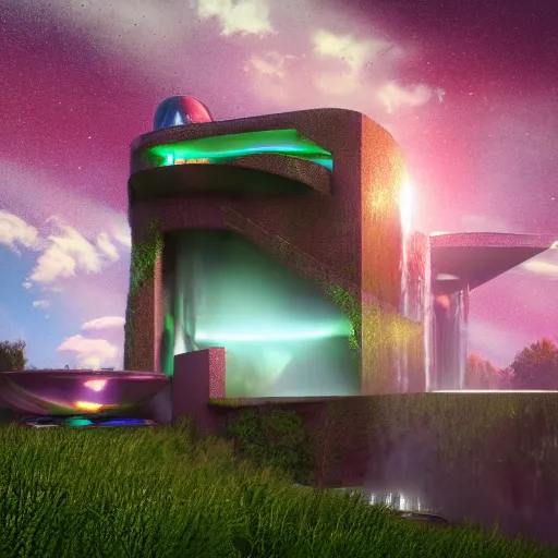 Image similar to cinematic view of a hyperrealistic futuristic metal house with a waterfall coming out of it into a pool of bubbling photons, alien planet, alien fauna, red and green hues, blue and purple sky, cosmos in sky, galaxy in sky, hd, 3 d, 8 k, shadowed texture, symbolism, surrealm light rays, concept art, octane render