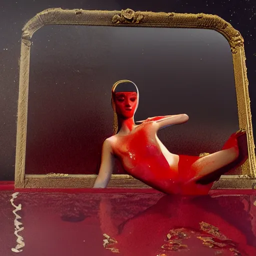 Image similar to British model Josie Lane with beautiful face and full body laying in a blood red pool of water between a bright golden glowing mirror frame, outside is space and inside the mirror frame is a beautiful landscape. Hyperrealistic surreal 4K IMAX Rene Margritte intricate, elegant, highly detailed, digital painting, artstation, concept art, smooth, sharp focus, illustration, art by artgerm, Francis bacon, HR Giger and greg rutkowski and alphonse mucha