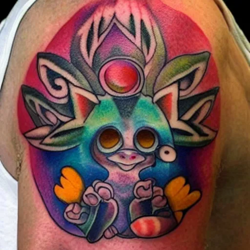 Image similar to shoulder tattoo of a multicolored hallucinogenis meditating cute bush baby, eyes are glowing rainbow spirals, long fur, happy mood, surrounded with colorful magic mushrooms and rainbow marihuana leaves, insanely integrate