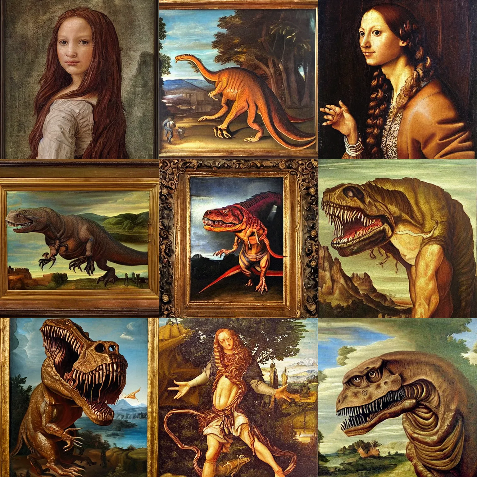 Prompt: A renaissance oil painting of a T-rex with really long!!!!!! brown hair!!! renaissance painting, intricate details, oil on canvas