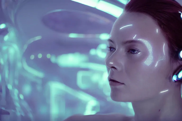 Image similar to VFX movie of a futuristic cyborg spacewoman gorgeous closeup portrait in high tech spaceship, beautiful natural skin neon lighting by Emmanuel Lubezki