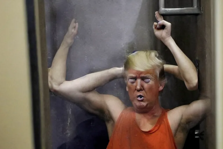 Prompt: Donald Trump in tanktop and sweat pants crying in jail cell, a reuters photo