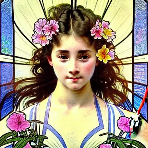 Prompt: student girl, ultra detailed painting at 1 6 k resolution and epic visuals. epically beautiful image. amazing effect, image looks crazily crisp as far as it's visual fidelity goes, absolutely outstanding. vivid clarity. ultra. iridescent. mind - breaking. mega - beautiful pencil shadowing. beautiful face. ultra high definition, alphonse mucha and artgerm