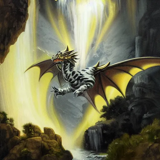 Image similar to oil painting of a dragon flying in the air near a cave with a waterfall in the center, light emanating from the waterfall leading to a big pool of water, dragon has black and white siberian tiger stripes, elegant, sharp focus, wide shot, clear, detailed, early renaissance