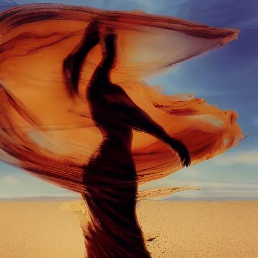 Image similar to filmstill, over the shoulder sketch photography of beautiful female body covered with swirling black translucent blanket blowing in wind, acrylic liquid colors, luxurious supermodel photoshooting, golden jewelry, bokeh, godrays, strong wind, wrinkles, sunrays, sunset, lens flares, monet, renoir, cold colors, concept art, sand dunes, sand dust, melting victorian statue