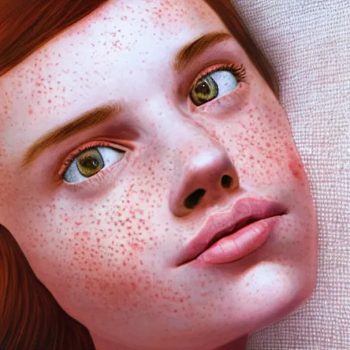 Image similar to portrait of a cute thin young woman, red blush, cute freckles wearing casual clothes, small smile, relaxing on a couch, cozy living room, close up shot, 8 k, art by ron mueck and irakli nadar, hyperrealism, hyperdetailed, ultra realistic