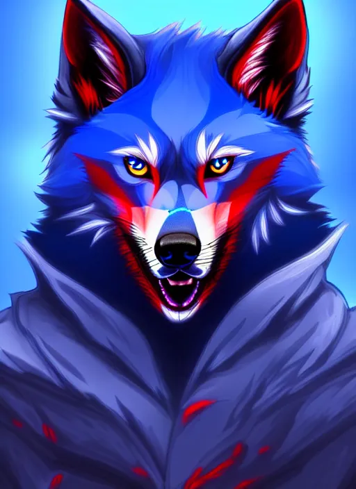 Image similar to blue wolf with red eyes, blue fur highly detailed, deep focus, digital painting, smooth, sharp focus, anime art style, trending on artstation, 4 k