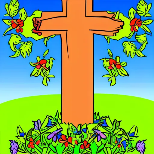 Prompt: portrait of a cross with nature and some thing about creation, christianity, cartoon, vector, full picture view,