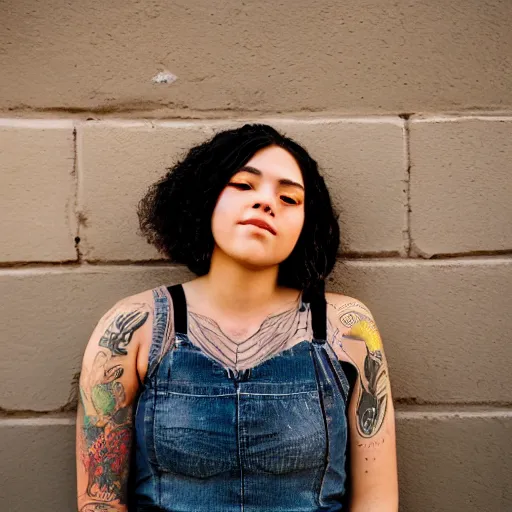 Prompt: gorgeous portrait of a young woman with tattoos who works for the oakland museum of california, golden hour