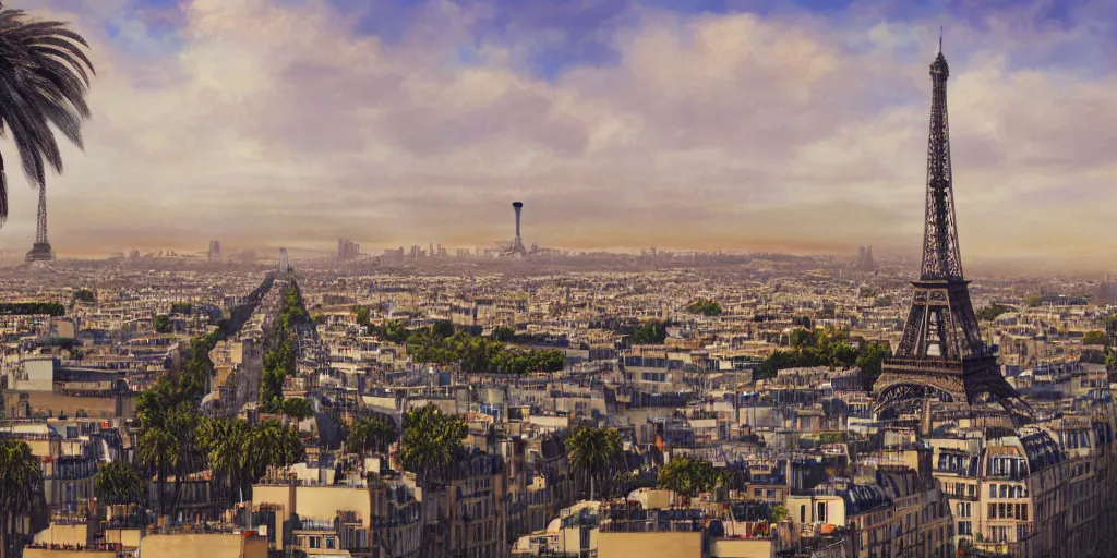 Prompt: the beautiful bustling city of paris rebuilt as a coastal city in california, beautiful weather, palm trees, splendid haussmann architecture, eiffel tower in the middle, digital painting, highly detailed, intricate, concept art, matte painting, trending on artstation