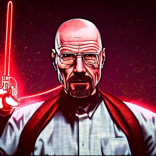 Prompt: realistic walter white with glowing red futuristic suit, glowing beam lazer arm sword, flaming background, red sky, realistic, photorealistic, high-resolution, vibrant color, high contract, walter white, breaking bad