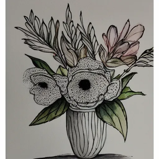 Prompt: monochrome watercolor high vase with dry flowers, background shifon