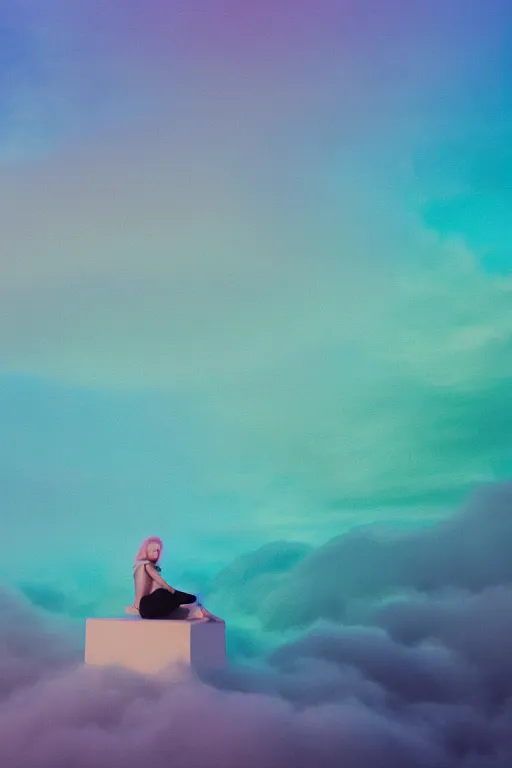 Image similar to high quality pastel coloured film photograph of a model wearing clothing resting on cloud furniture in a nordic black rock environment in a haze filled dreamstate world. three point light, rainbow. photographic production. art directed. pastel colours. volumetric clouds. pastel gradient overlay. waves glitch artefacts. 8 k. filmic.