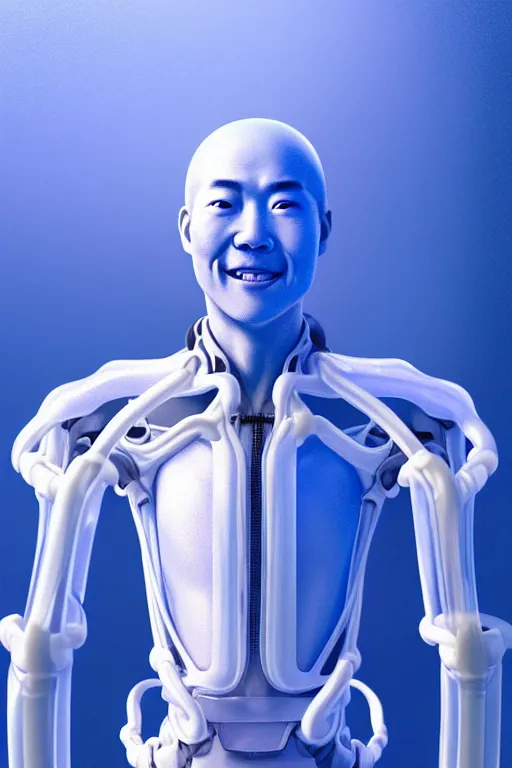 Prompt: hyperrealistic close-up translucent exoskeleton!! smiling chinese man covered highly detailed concept art eric zener elson peter cinematic side soft blue light high angle hd 8k sharp shallow depth of field