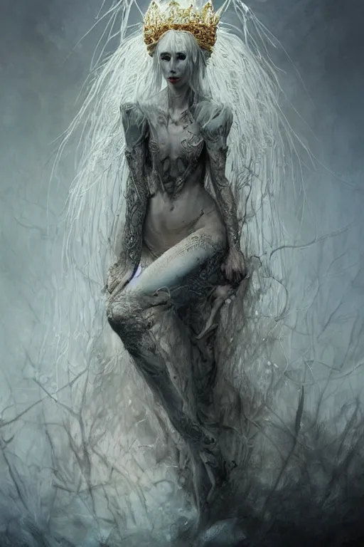 Image similar to beautiful stygian strange detailed an entire full-body victorian a blue eyed, blonde haired crowned queen of summer with light elvish overtones by Emil Melmoth, Zdzislaw Beksinski, Craig Mullins, yoji shinkawa ,cross, artstation, pete morbacher, hyper detailed, very detailed, artstation, rendering by octane, unreal engine, forest background.