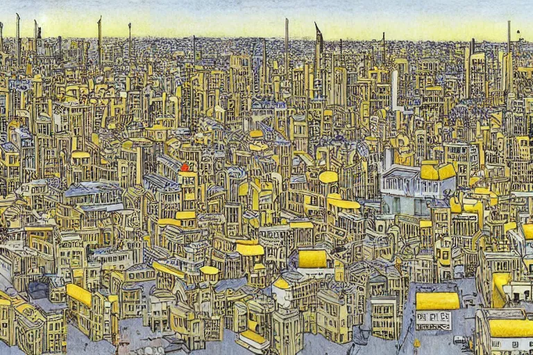 Prompt: a city with buildings made out of lemons by moebius