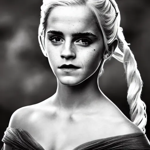 Prompt: Emma Watson full shot modeling as hot Daenerys Targaryen From Game of Thrones, (EOS 5DS R, ISO100, f/8, 1/125, 84mm, postprocessed, crisp face, facial features)