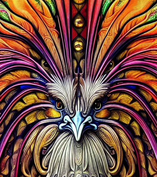 Image similar to hyperrealistic detailed face portrait of a beautiful rooster morphing into a gothic cathedral, authentic ornamental architecture, intricate and highly detailed, awe inspiring art by ernst haeckel, h. r. giger, alphonso mucha, android jones, james jean, gothic, neo - gothic, heavily ornamental, nice deep colours,