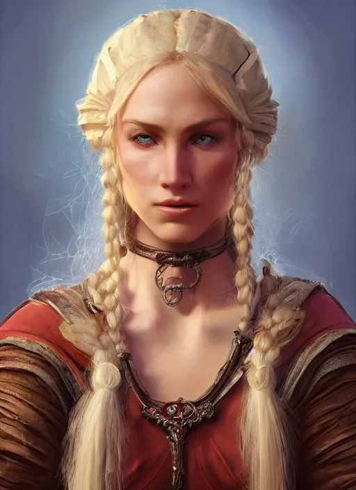 Prompt: blonde peasant woman, fantasy, medieval, vivid colors, fantasy, elegant, concept art, sharp focus, beautiful face!!, digital art, hyper - realistic, 4 k, unreal engine, highly detailed, hd, dramatic lighting by brom, trending on artstation