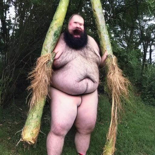 Image similar to a photo of a very hairy fat man with long hair holding a 2 0 m long yam