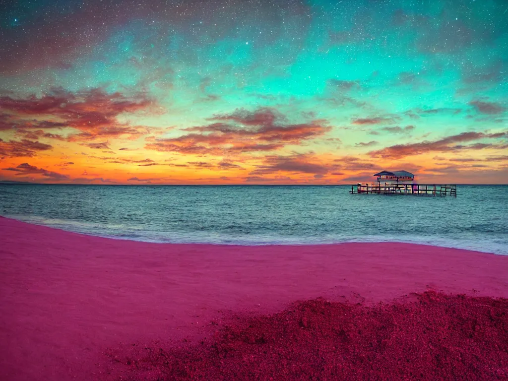 Image similar to purple refrigerator, red sand beach, green ocean, nebula sunset