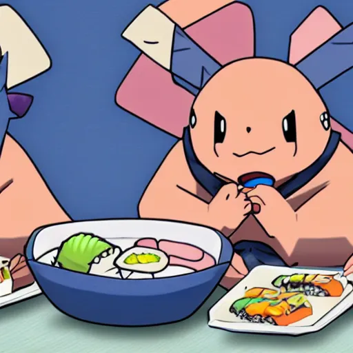 Image similar to totodile eating at sushi buffet, cute, pokemon, ken sugimori