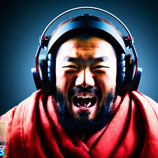 Image similar to Photo of Genghis Khan, wearing a headset, playing Overwatch, close-up, raging, screaming at screen high detail, studio, 85mm Sigma Art Lens