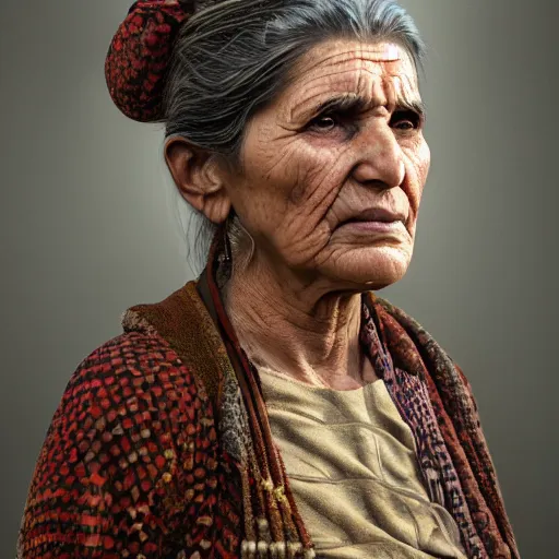 Image similar to hyperrealistic mixed media high resolution image of a beautiful Kurdish grandmother, stunning 3d render inspired art by István Sándorfi and Greg Rutkowski and Unreal Engine, perfect symmetry, dim volumetric lighting, 8k octane beautifully detailed render, post-processing, extremely hyper-detailed, intricate, epic composition, highly detailed attributes, highly detailed atmosphere, full body shot, cinematic lighting, masterpiece, trending on artstation, very very detailed, masterpiece, stunning, flawless structure, lifelike texture, perfection,