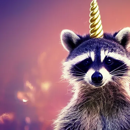 Image similar to raccoon sits on the head of a unicorn and holds the horn, hyper realistic, 4k, 8k, cinematik