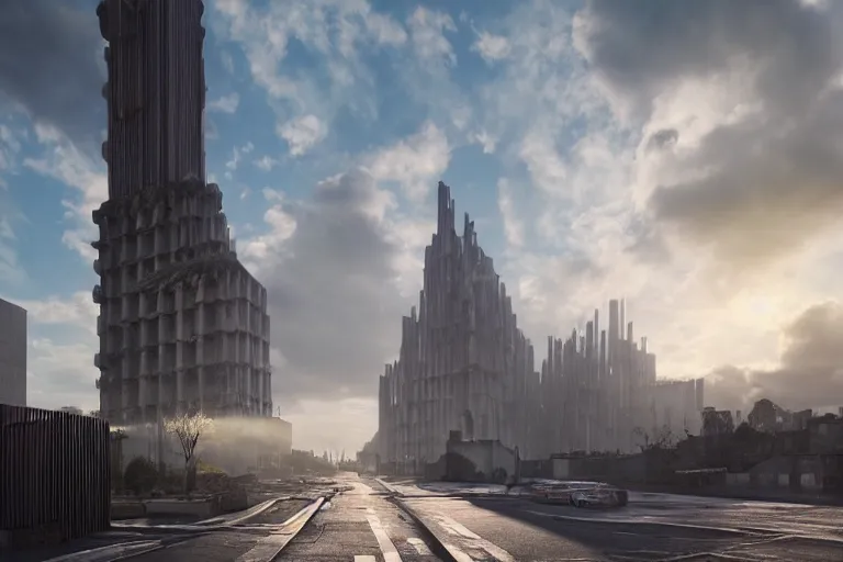 Image similar to streetscape, a towering cathedral of brutalist architecture, buildings covered with greebles, stunning volumetric light, sunset, metal, concrete and translucent material, stunning skies, majestic landscape, trending on Artstation, 8k, photorealistic, hyper detailed, unreal engine 5, IMAX quality, cinematic, epic lighting, in the style of Greg Rutkowski