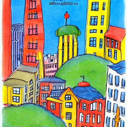 Prompt: city filled with buildings, colorful kids book illustration by dr seuss, towers, bridges, stairs