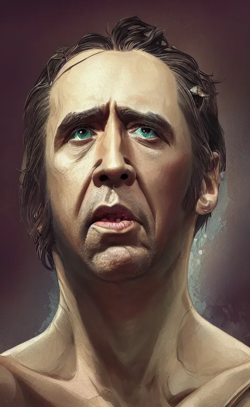 Prompt: nicolas cage as gollum, highly detailed, digital painting, artstation, concept art, smooth, sharp focus, illustration, art by artgerm and alphonse mucha, high definition digital art, in the style of ilya kuvshinov and Ross tran