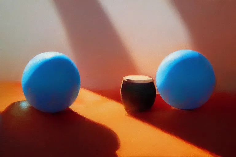 Image similar to An oil painting of an orange sphere on top of a blue cube, sitting on a white table by Craig Mullins, dramatic lighting, realistic shadows, establishing shot, extremely high detail, artstation