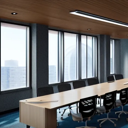 Image similar to brutalist corporate conference room interior design concept big windows minimalist furnitrue by martyn lawrence bullard design high quality ultra realistic 8 k