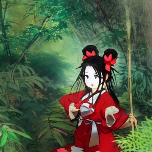 Image similar to a amano yoshitaka of reimu in the jungle wearing bonnet