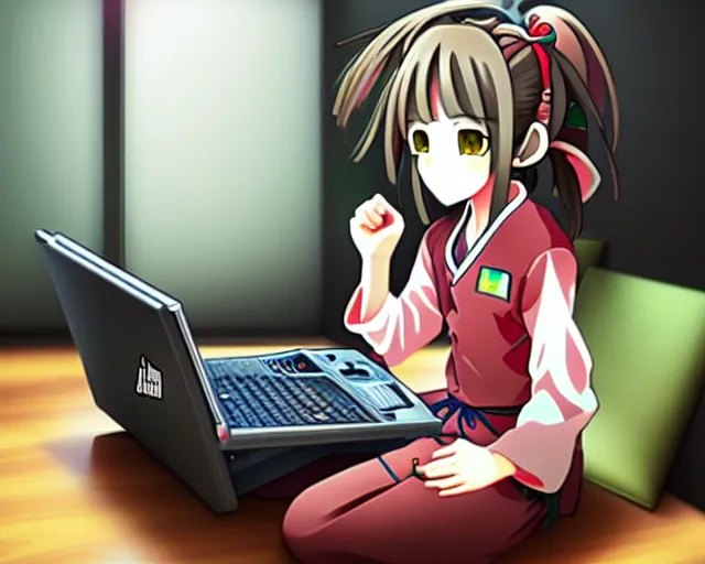 Image similar to chihiro! fujisaki, thinkpad!, coding time, room is rich, baroque, anime style