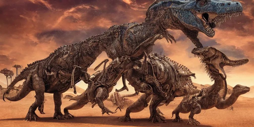 Image similar to hard metal rockers riding dinosaurs in the space desert, boris vallejo style, steampunk, hyper detailed, digital art, cinematic lighting, 8 k