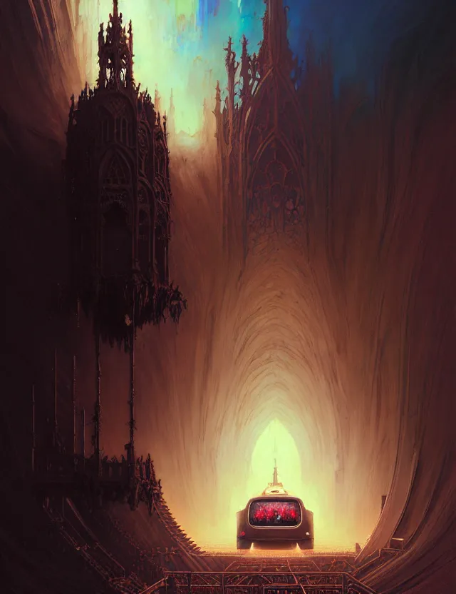 Image similar to detailed portrait, intricate complexity, by greg rutkowski, ross tran, conrad roset, takato yomamoto, ilya kuvshinov huge gothic crematorium on desert planet, elevator, side ramp entrance ambulance dead bodies, guards intricate, painting by lucian freud and mark brooks, bruce pennington, dark colors, neon, death, guards, nice style smoke