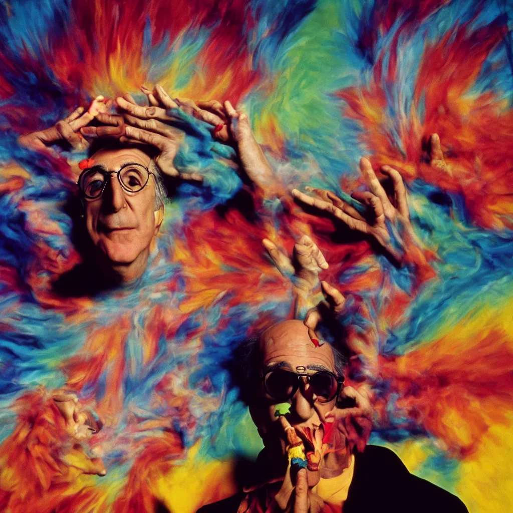 Image similar to award winning photo of larry david tripping on lsd and smoking weed, vivid colors, happy, symmetrical face, beautiful eyes, studio lighting, wide shot art by Sally Mann & Arnold Newman