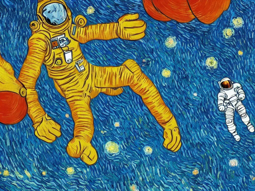 Prompt: bright beautiful oil painting of astronaut giving a thumbs up on a spacewalk, light scatter, van gogh