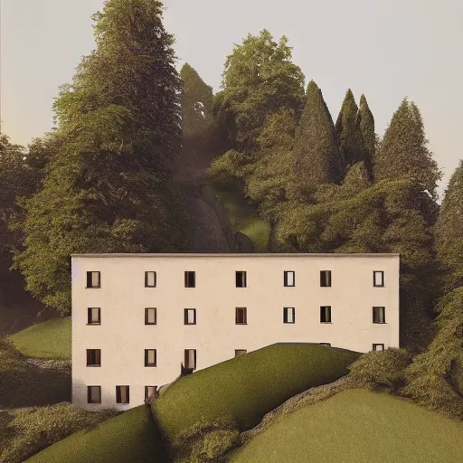 Image similar to beige house with walled in garden, on a hill surrounded by big trees, dramatic lighting, artstation, matte painting, raphael lacoste, simon stalenhag, frank lloyd wright, drone view