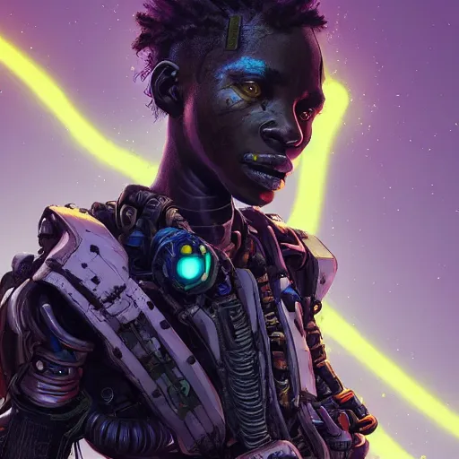 Image similar to a dark and ominous cyborg african child soldier with glowing eyes and steel dreadlocks, neon graffiti, Apex Legends character digital illustration portrait design, by android jones and greg rutkowski in a cyberpunk voodoo style, retrowave color scheme, detailed, cinematic lighting, wide angle action dynamic portrait