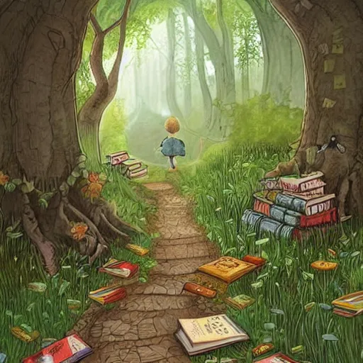 Image similar to a path through a forest with lots of books, a storybook illustration by pamela ascherson, pinterest, fantasy art, storybook illustration, enchanting, whimsical