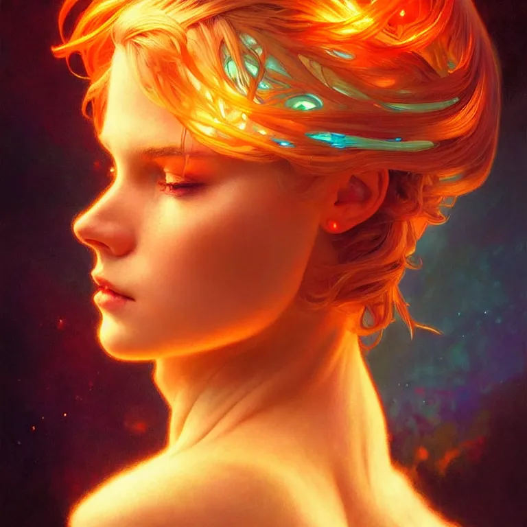 Image similar to bright asthetic portrait LSD glowing backlit, fantasy, intricate, elegant, dramatic lighting, highly detailed, lifelike, photorealistic, digital painting, artstation, illustration, concept art, smooth, sharp focus, art by John Collier and Albert Aublet and Krenz Cushart and Artem Demura and Alphonse Mucha