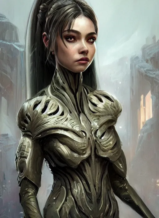 Image similar to a professional painting of a beautiful young female alien, clothed in ethereal armor, olive skin, long dark hair, beautiful bone structure, symmetrical facial features, intricate, elegant, digital painting, concept art, smooth, sharp focus, illustration, from Valerian and the City of a Thousand Planets, by Ruan Jia and Mandy Jurgens and Artgerm and William-Adolphe Bouguerea