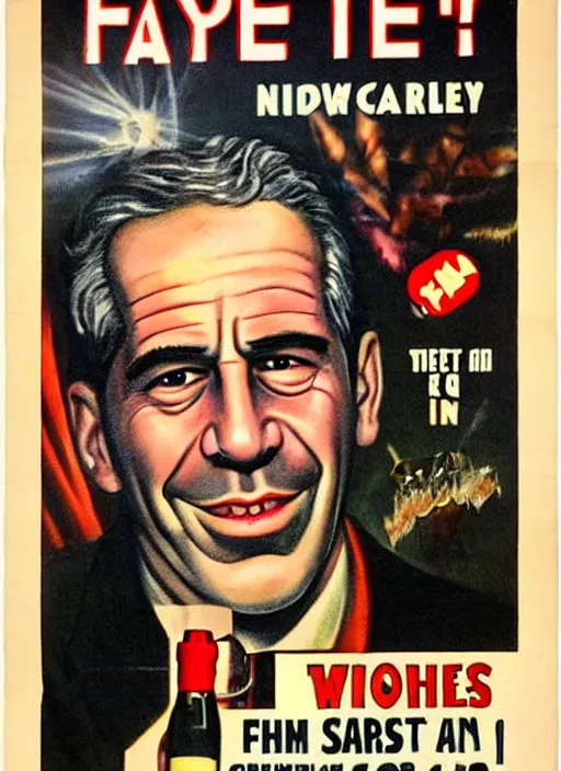 Image similar to creepy Jeffrey Epstein with a scary comically large smile, 1940s scare tactic propaganda art