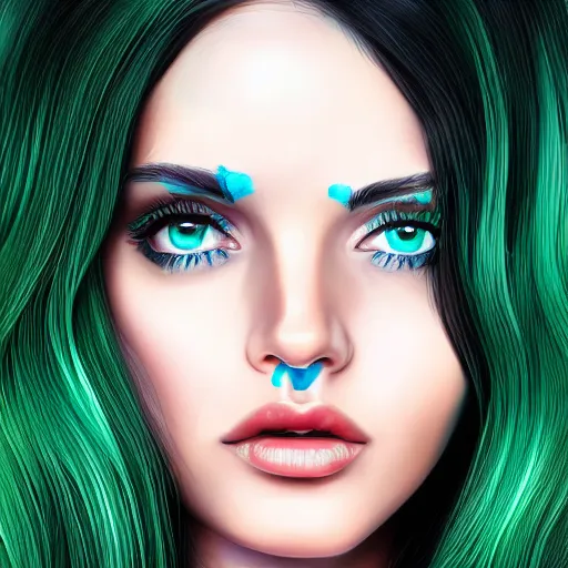 Prompt: photorealistic portrait of beautiful toxic girl, black hair, blue eyes, smooth face, perfect eyes, half body shot, elegant, realistic, glowing skin, detailed face, green colours, sharp focus