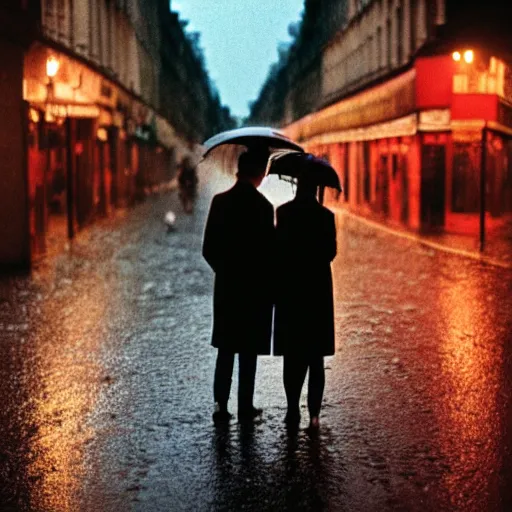 Image similar to street of paris photography, night, rain, mist, lovers holding hands, cinestill 8 0 0 t, in the style of william eggleston