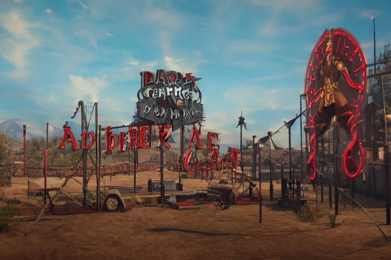 Prompt: 3d sculpt of an arched gothic ironwork sign for a circus called 'the dark metal carnival', red dead redemption2, las vegas, artstaton, digital illustration