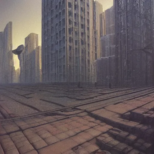 Image similar to urban landscape photo of 'City of Edmonton street' as separating blocks of Swiss cheese, dark fantasy, artstation, painted by Zdzisław Beksiński and Wayne Barlowe